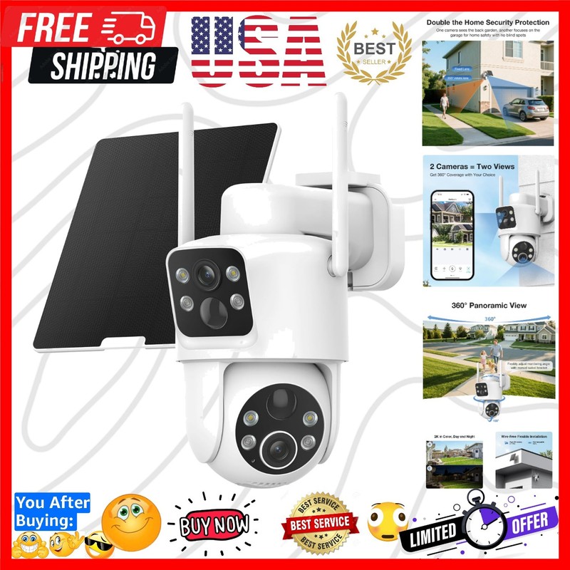 Dual Lens Solar Security Cameras Wireless Outdoor, 2K Full HD Video, 360° Vie…