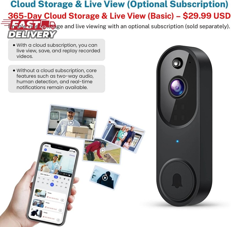 1080P Wireless Video Doorbell Camera, Night Vision, Cloud Storage (Sold Separate gallery