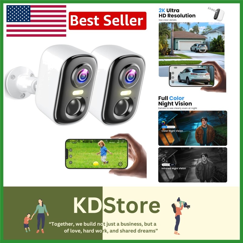 2 Pack 2K HD Wireless Outdoor Security Cameras with AI Detection & Night Vision