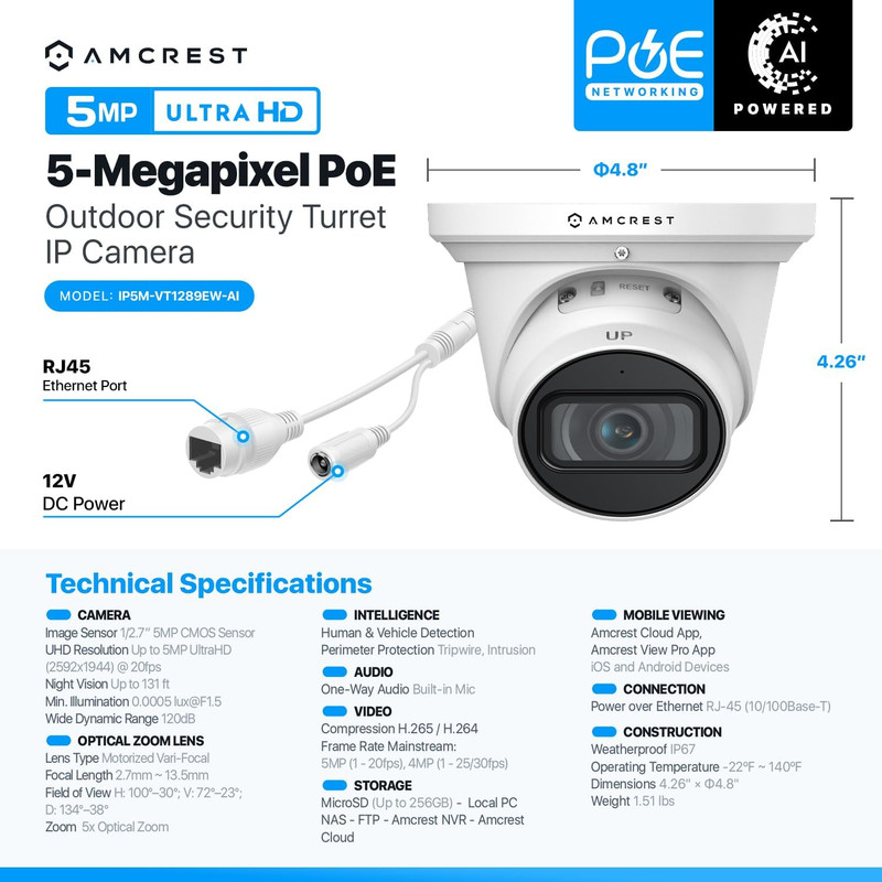 5MP Optical Zoom AI IP Poe Camera, Varifocal Outdoor IP POE Camera Turret, Human gallery