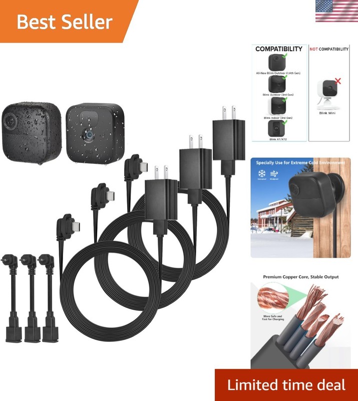 Weatherproof 25ft Power Adapter with Type C/Micro USB for Blink Outdoor Cameras