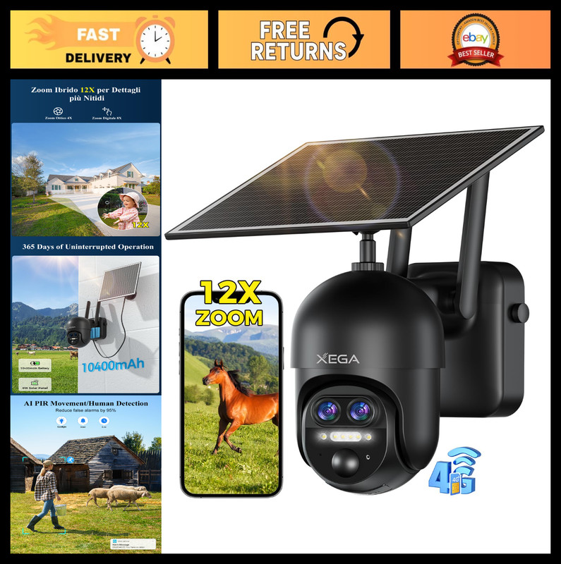 4G Solar Wireless PTZ Security Camera – 12X Hybrid Zoom, 2K, Dual Lens, IP66, Tw