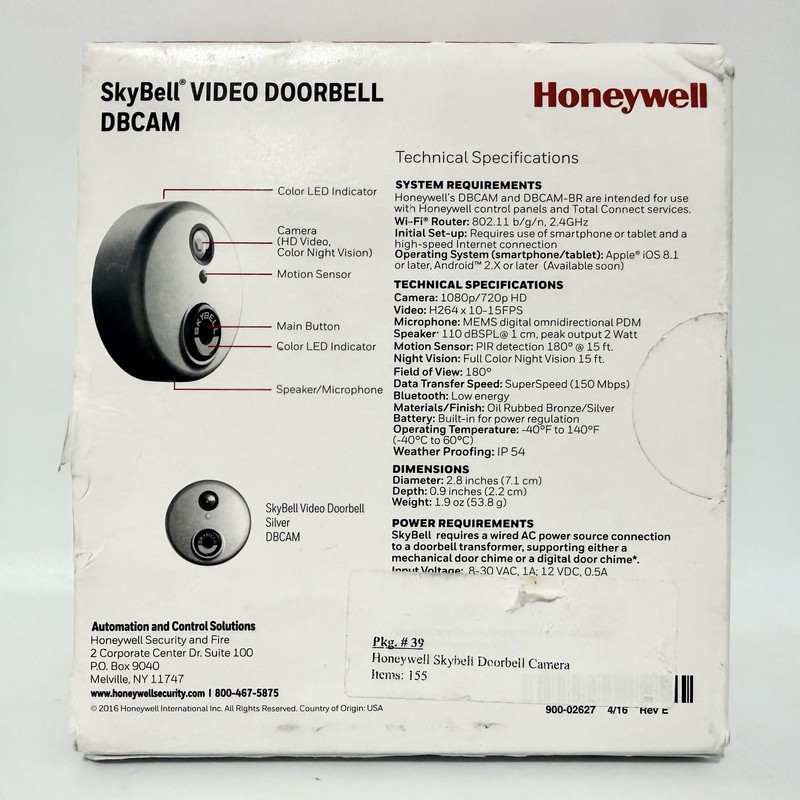 Honeywell Skybell HD Video Doorbell DBCAM Color Night Vision Silver New NOS gallery