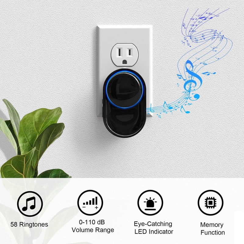 Wireless Doorbell, PHYSEN Doorbell 2 Receivers + 3 Buttons, Black gallery