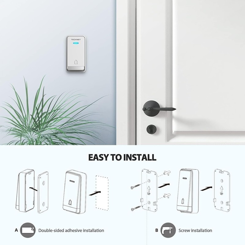 TECKNET Wireless Doorbell, Self-Powered 2 Receivers + 1 Button, White gallery