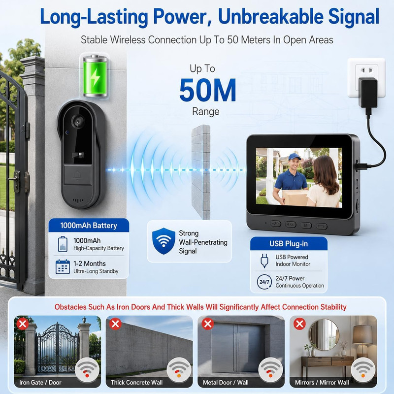 Wireless Doorbell Camera No Subscription No Wifi/App Needed for Home/Apartment/S gallery