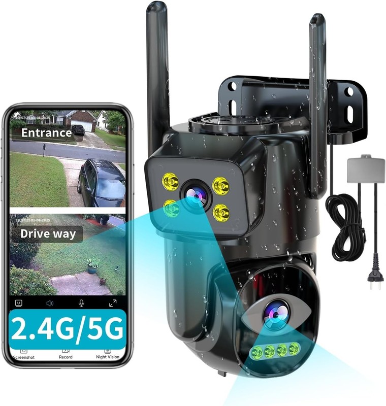 Dual Lens WiFi Security Camera PTZ Auto Tracking Night Vision 2.4G/5G Outdoor