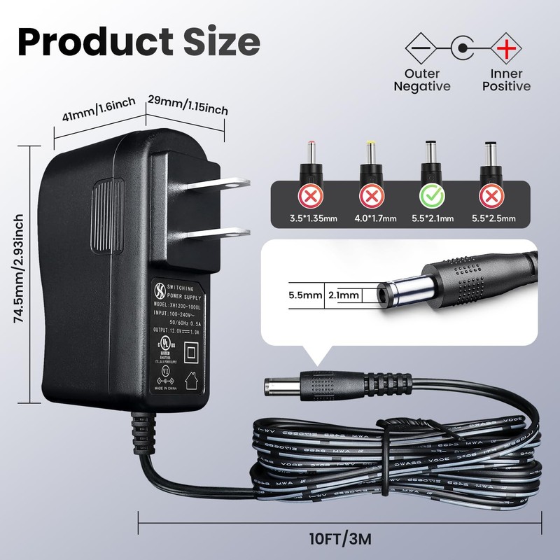 UL Listed 2PCS 12V 1A 1000mA 10FT Long Power Supply Adapter, Horizontal 2 PCS gallery
