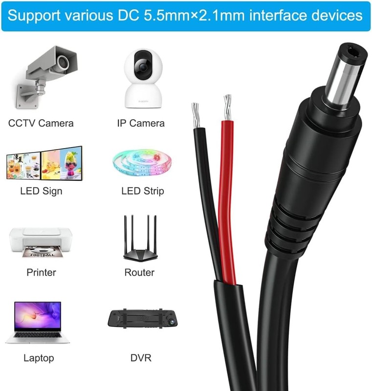 2Pack 16AWG DC Plug Connector Power Pigtails Cable,2.1mm x 5.5mm Male Black gallery