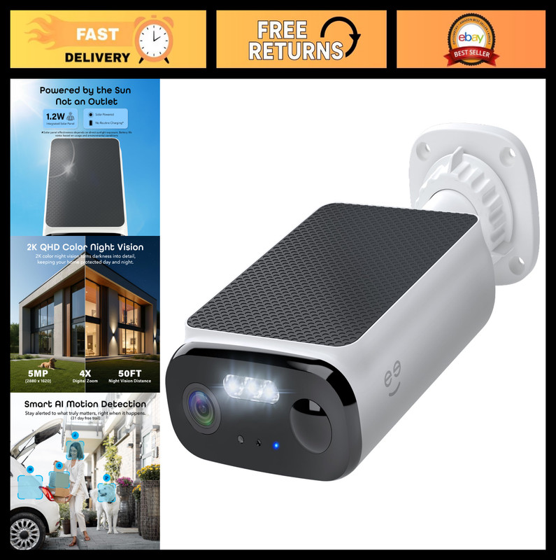 Smart Solar Battery Camera 5MP 2K+ Outdoor Wireless Security – 1 Pack