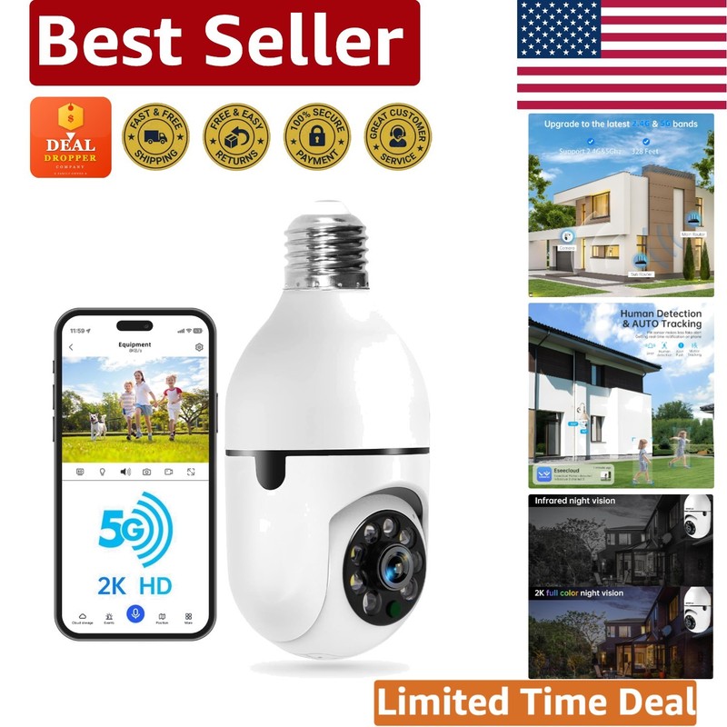 WiFi Light Bulb Security Camera – 5G/2.4G Dual-Band, 360° View, Waterproof