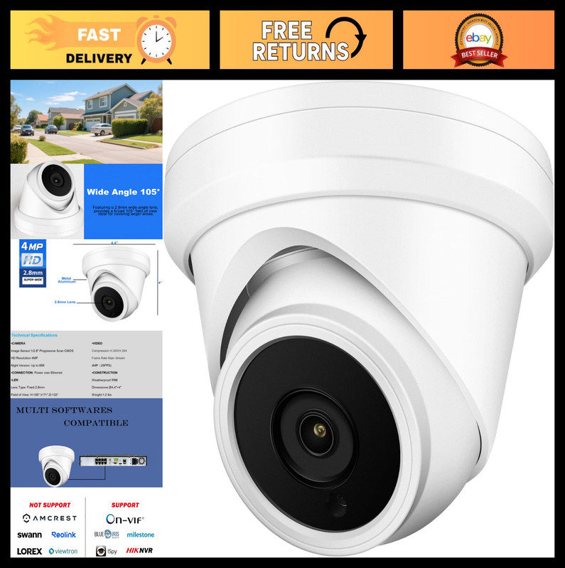 4MP PoE IP Turret Dome Camera, 2.8mm Wide Angle, H.265, Waterproof IP66, Outdoor