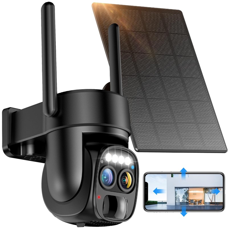 Hawkray Pannel Solar Wireless Outdoor Security Camera， Dual-Lens, 10xZoom, 2K…