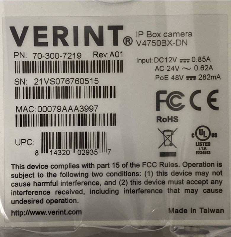 VERINT V4750BX-DN IP Box Camera PoE 48V | HD Security Surveillance, New in Box