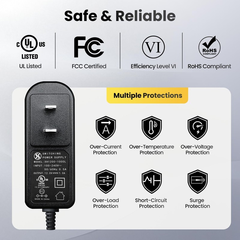 UL Listed 2PCS 12V 1A 1000mA 10FT Long Power Supply Adapter, Horizontal 2 PCS gallery