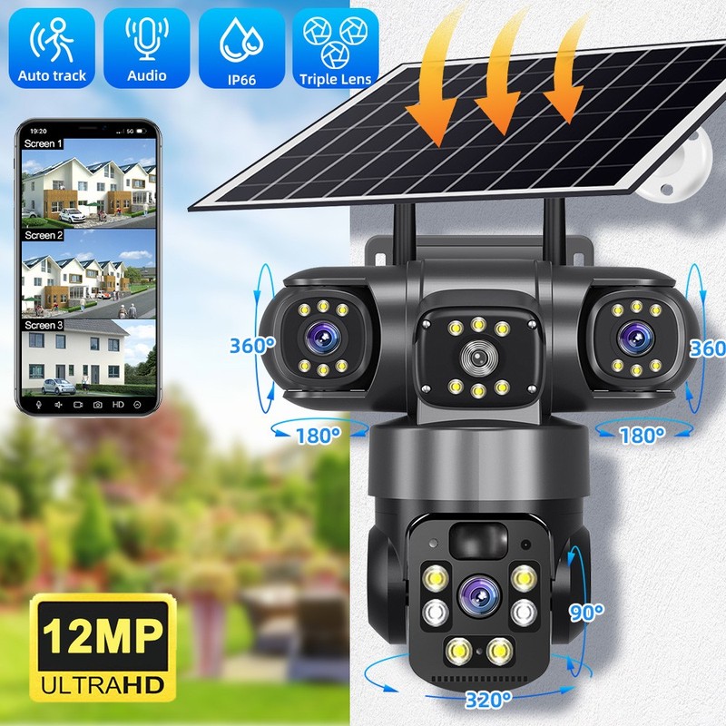 12MP Solar Battery Powered Home Security Camera Outdoor WiFi Wireless PTZ CCTV