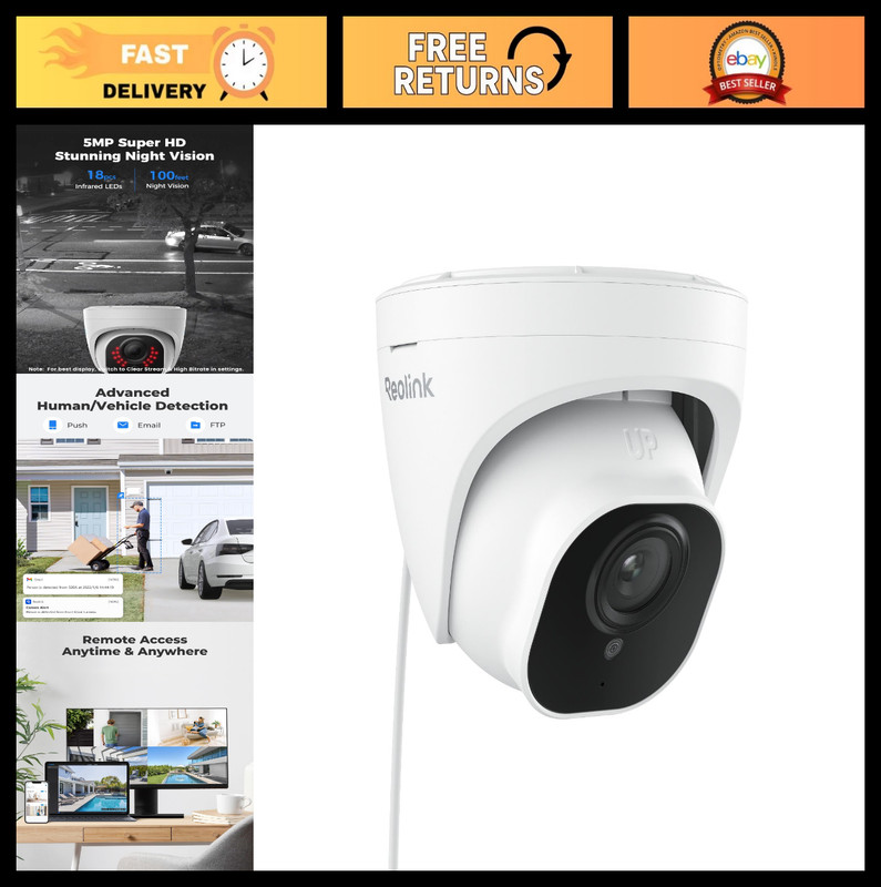 Wired Outdoor Security Camera, 5MP HD PoE Dome, Night Vision, Smart Detection, 1