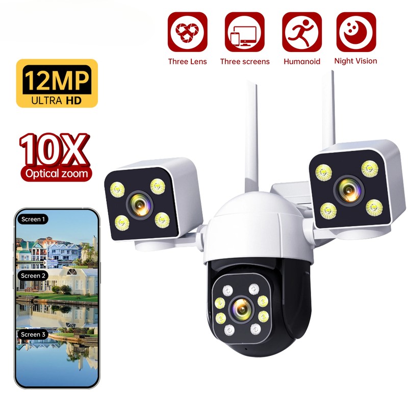 12MP 6K 3 Len Waterproof CCTV Outdoor WIFI Camera PTZ Security Protection Camera