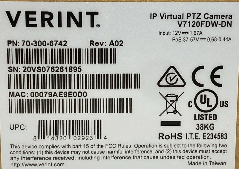 Verint V7120FDW-DN 360-deg IP virtual PTZ camera, 12mp, built in IRs, white gallery