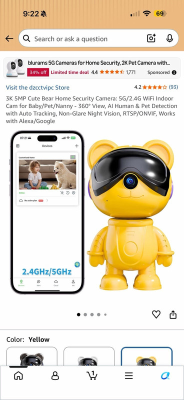 3K Cute Bear Wireless Indoor Security Camera Yellow Night Vision