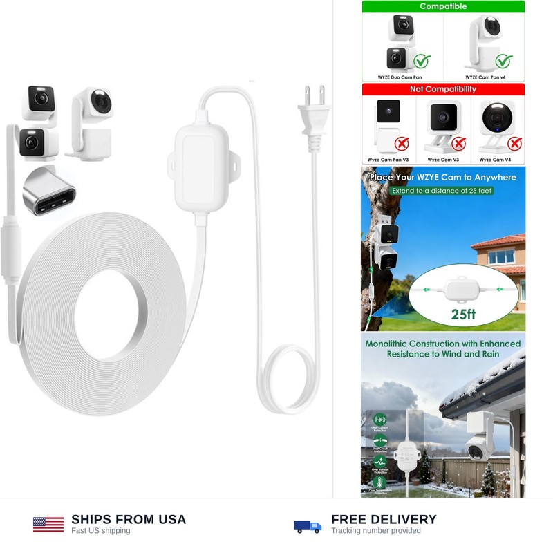 25FT Outdoor Power Adapter for WYZE Cam Pan V4, WYZE Duo/Solar Cam Pan, Type …