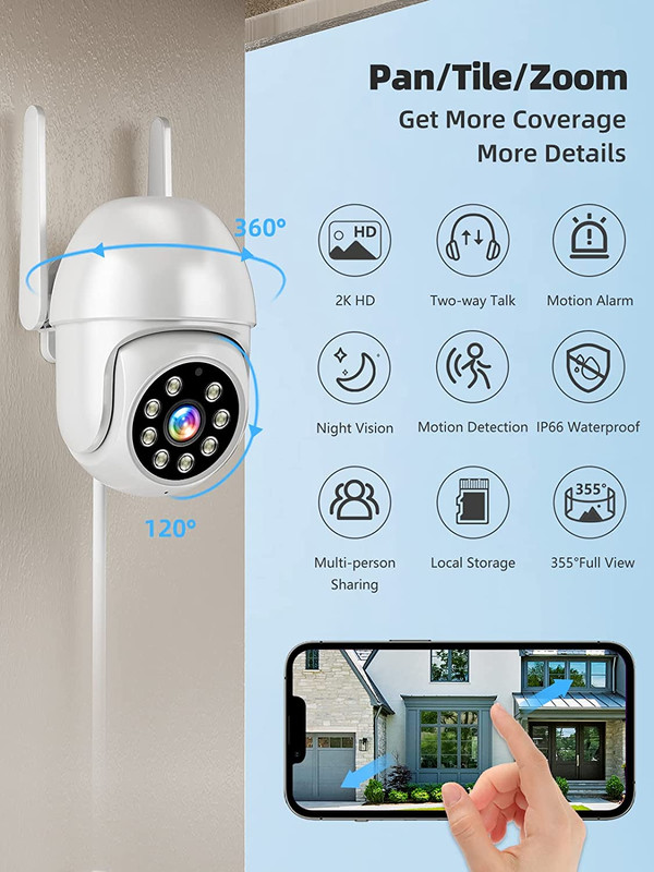2K Outdoor Security Camera, PTZ 355°View 3MP Security System 2.4GHZ Wifi Wireles gallery