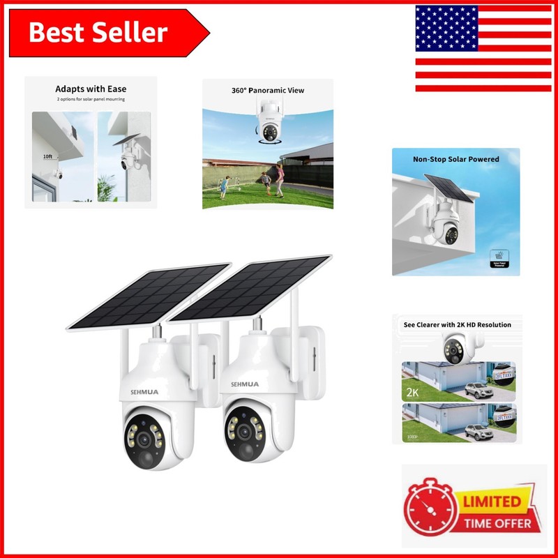Wireless 2-Pack 2K Solar Security Cameras with Color Night Vision and Audio