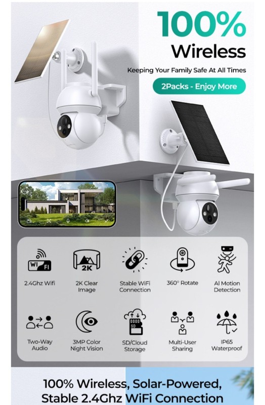 Tovdor Solar Security Camera Wireless Outdoor, 360 degree view, 2 way talk NIB gallery