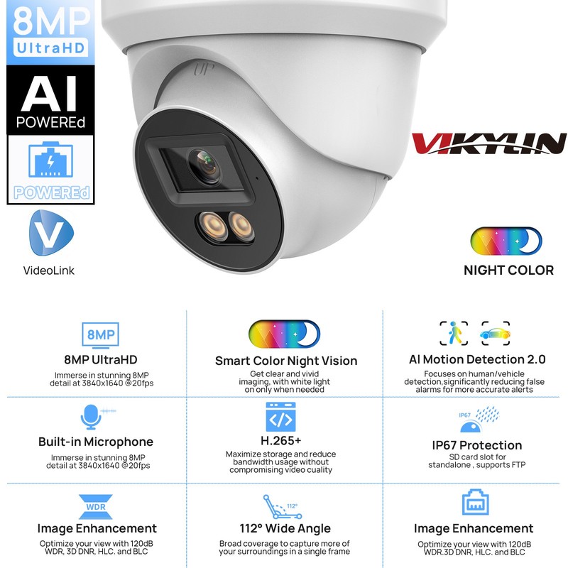 NEW VIKYLIN 24h Full Color Turret POE 8MP 4K IP Camera Security Factory Direct gallery