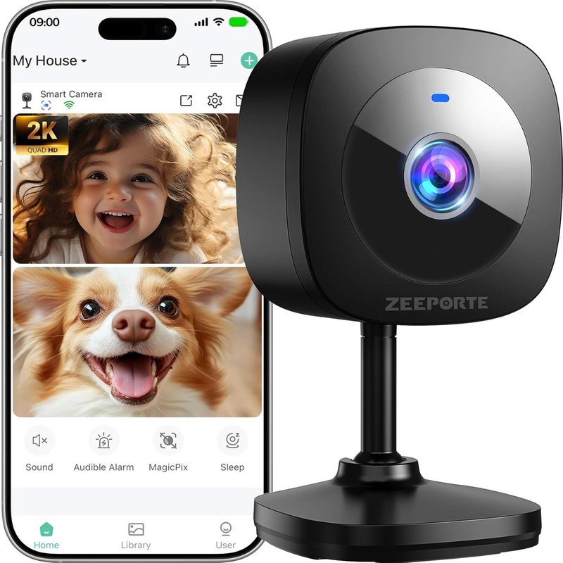 ZEEPORTE 2K Indoor Security Camera WiFi Home Baby Monitor Pet Dog Cam Night