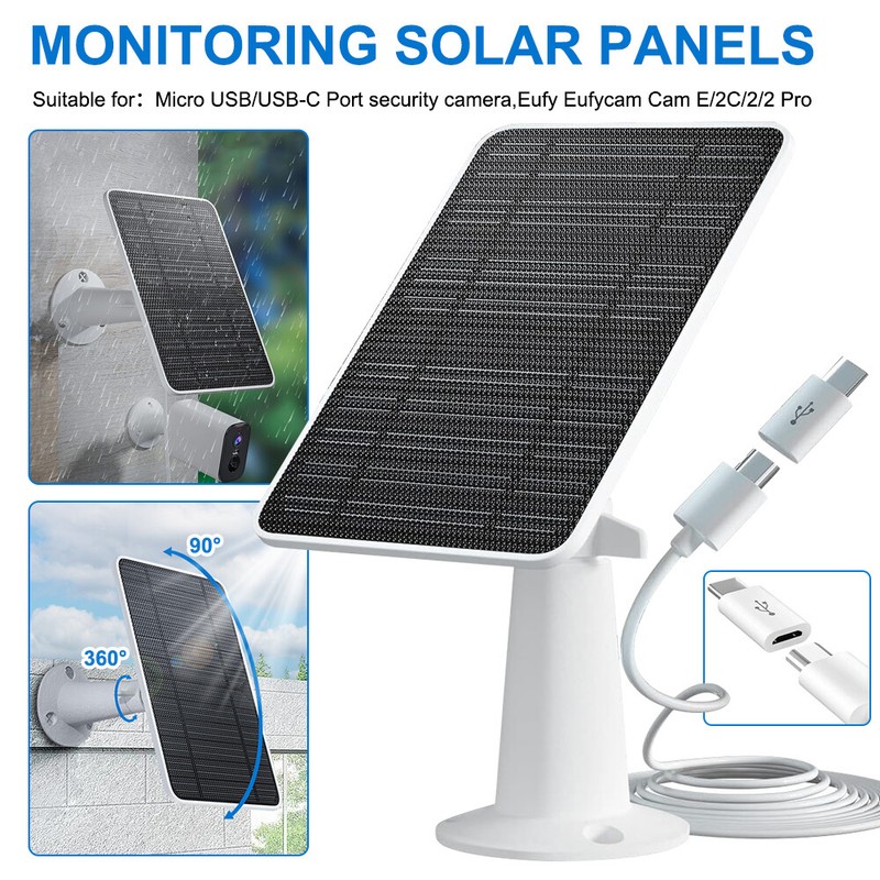 360° Solar Panel Charger for Outdoor Security Camera Eufy 10W Micro USB Type-C