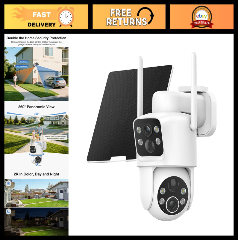 Dual Lens Solar Security Camera Wireless 2K HD, 360° Pan/Tilt, Color Night Visio
