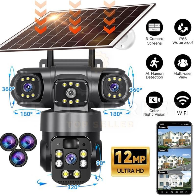 Wireless Solar Camera With 3Lens 3Screen, PIR Human Detect Cameras,Two-Way Audio