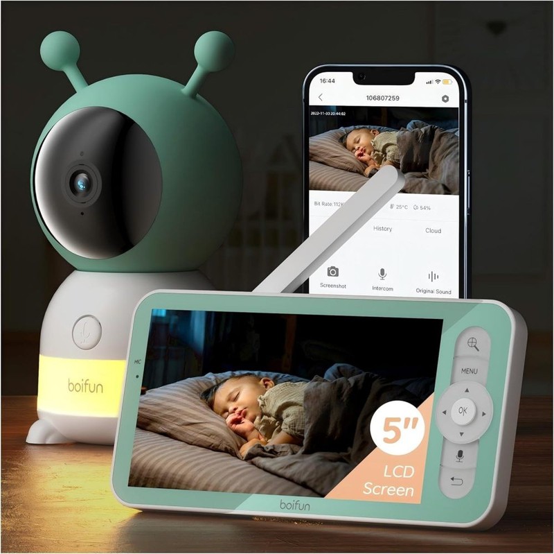 BOIFUN 5″ Split-Screen Baby Monitor 2K WiFi Auto Tracking PTZ, Custom Alarm Zone