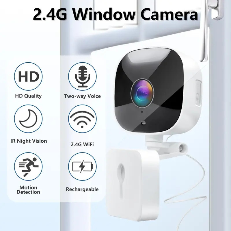2.4G WiFi Smart Window/Wall Security Camera, No-drill Stick Surveillance with 2-