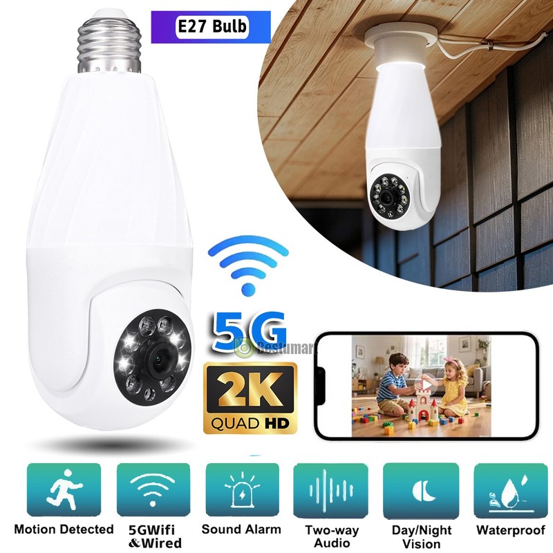 WiFi 2K Wireless Security Camera 360° 5G Night Home SmartCam E27 Light Camera