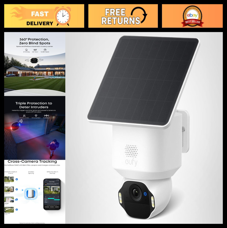 4K Wireless Outdoor Security Camera, Solar Powered, AI Motion Tracking, Pan & Ti