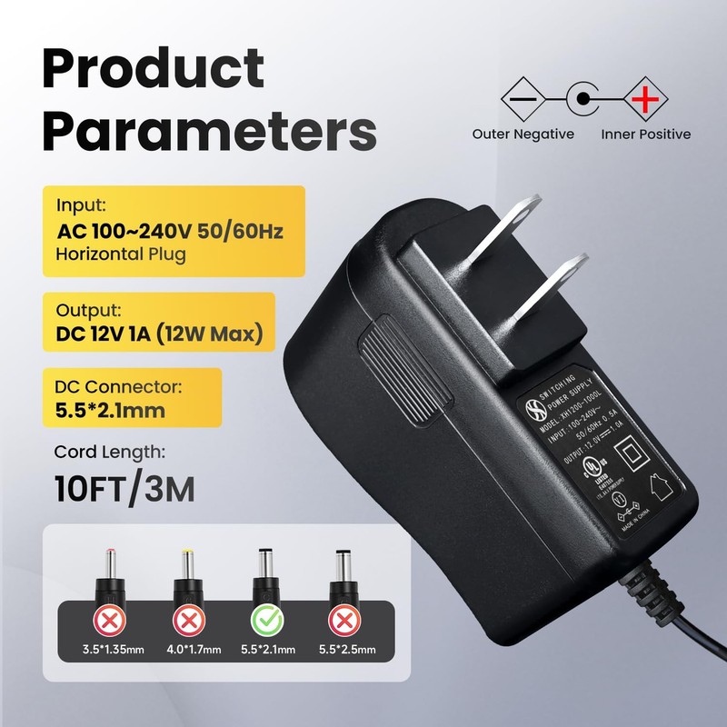UL Listed 2PCS 12V 1A 1000mA 10FT Long Power Supply Adapter, Horizontal 2 PCS gallery