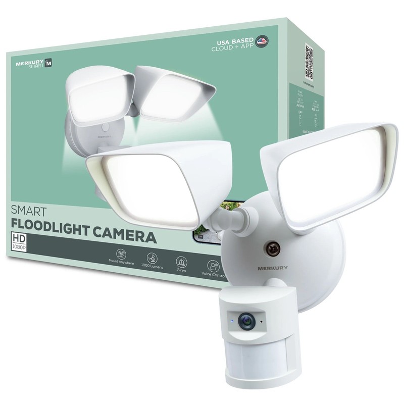 Merkury Smart WiFi Floodlight Camera 1080P HD Motion Sensor 1800 Lumens