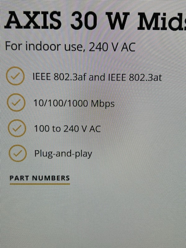AXIS 30 W Midspan P/N: 02172-004 POE INJECTOR PLUG and PLAY 10/100/1000 Mbps gallery