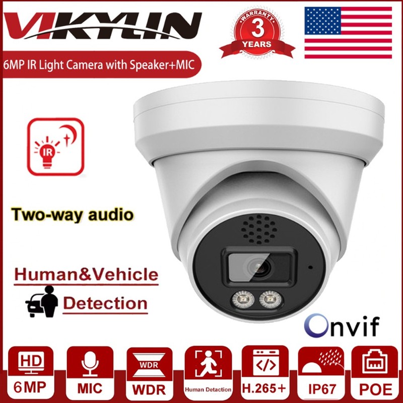 Vikylin 6MP IR Light 30m Turret Security IP Camera POE 2 Way Audio Outdoor IP67