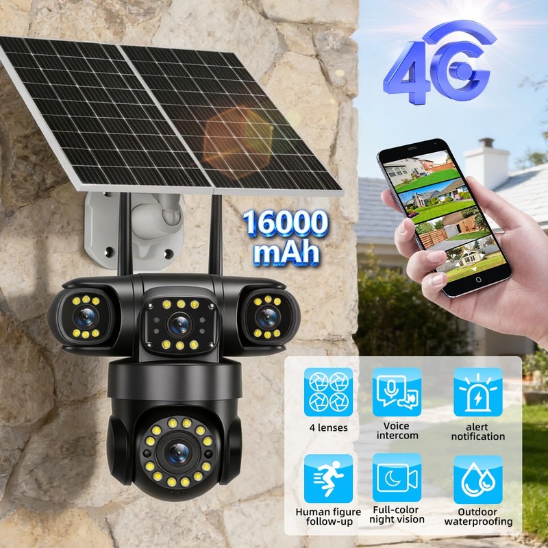 16MP 4-Lens Outdoor Solar Security Camera 4G SIM PTZ IP CCTV Motion Detection gallery