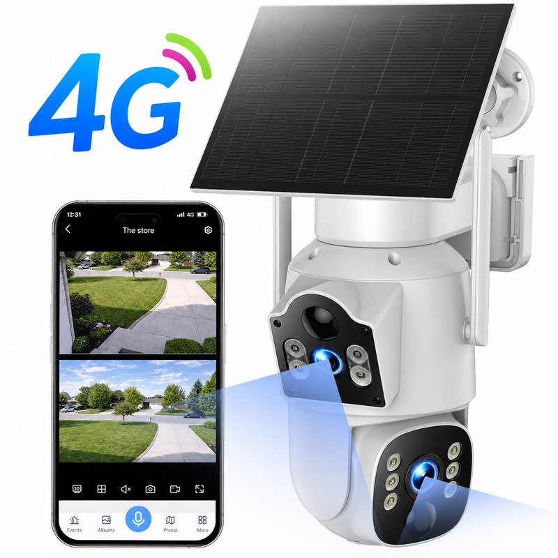 Solar Powered 4G LTE Cellular Security Camera with US SIM Card Dual Lens 2-View