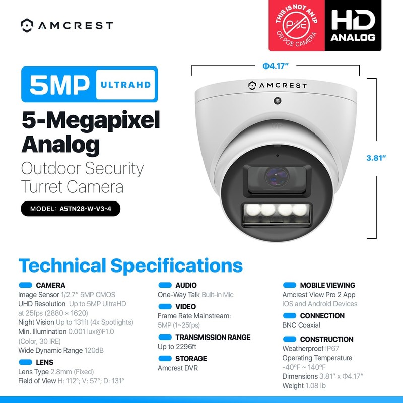 Analog 5MP NightColor Outdoor , Turret 5MP @ 25fps, CCTV-Coax-BNC, 131ft Full... gallery