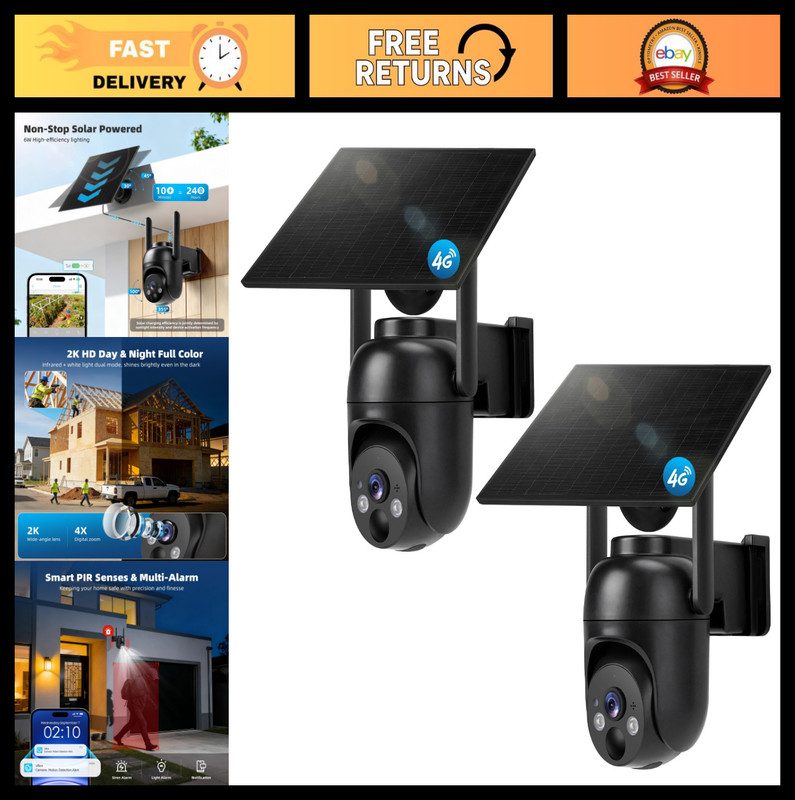 Solar Powered 4G LTE Security Cameras – Outdoor Wireless, 2K Night Vision, 360°