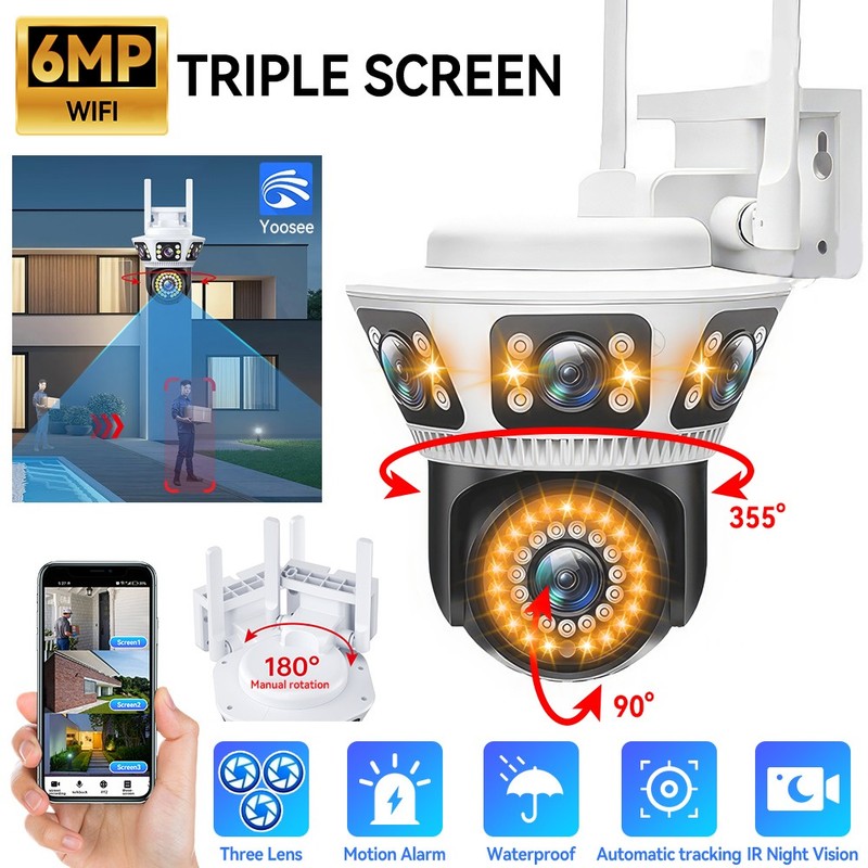 6MP 3 Lens WiFi Surveillance Security Camera Outdoor PTZ with Free 64G SD Card gallery