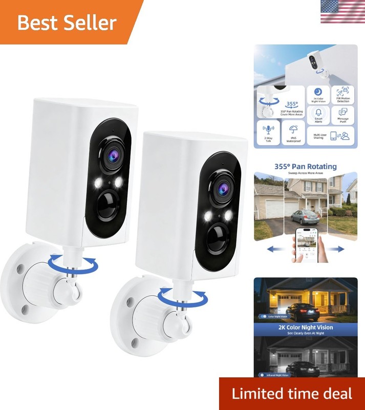 Weatherproof 2-Pack 2K Wireless Cameras for Home Security with Real-Time Alerts