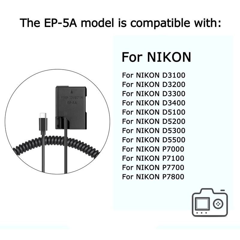 Type-c Spring Cable EP-5A DC Coupler EN-EL14 Dummy Battery USB Kit for Nikon ... gallery