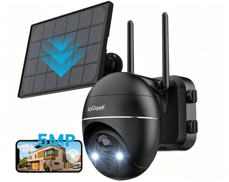 Solar Powered 5MP Security Camera, 360° PTZ Outdoor Spotlight/Siren Night Vision