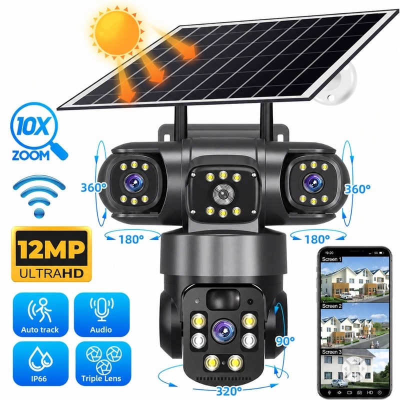 12MP Camera Solar Powered WiFi PTZ Triple Lens Night Vision CCTV Security Camera